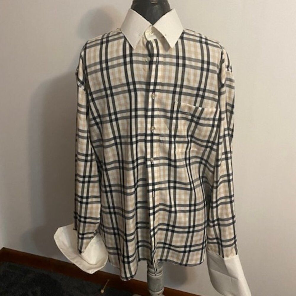 Henri Picard by Don Jonatha Plaid Tan/Blue/White button-down shirt, size 16 1/2